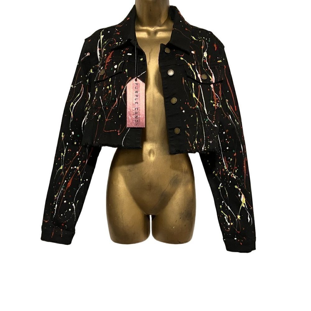 NWT Purple Candy Paint Splatter Cropped Denim Jacket L Rave Psychedelic POCKETS - Picture 2 of 13